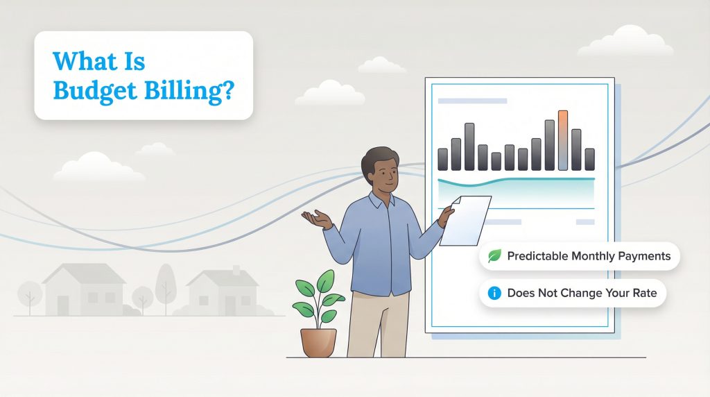 Man explains budget billing using a chart showing fluctuating energy usage and key benefits.