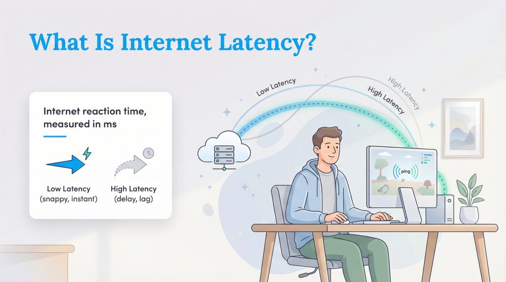 An illustration explaining internet latency as reaction time, showing a user, server, and data packets.