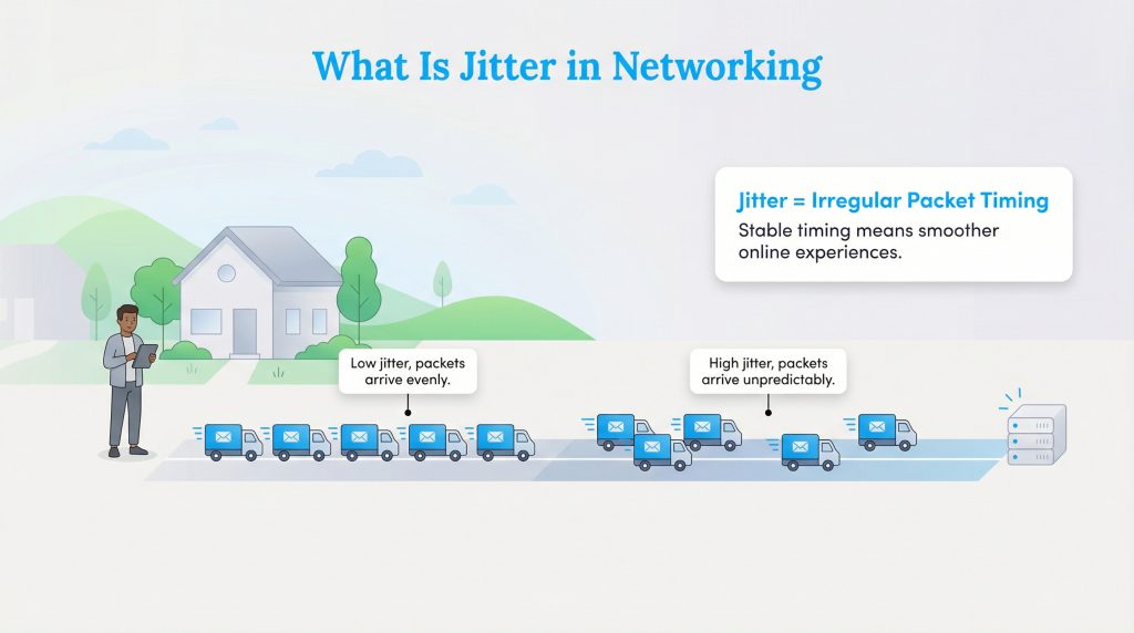 Diagram showing network jitter: trucks arrive evenly in low jitter, but unpredictably in high jitter.