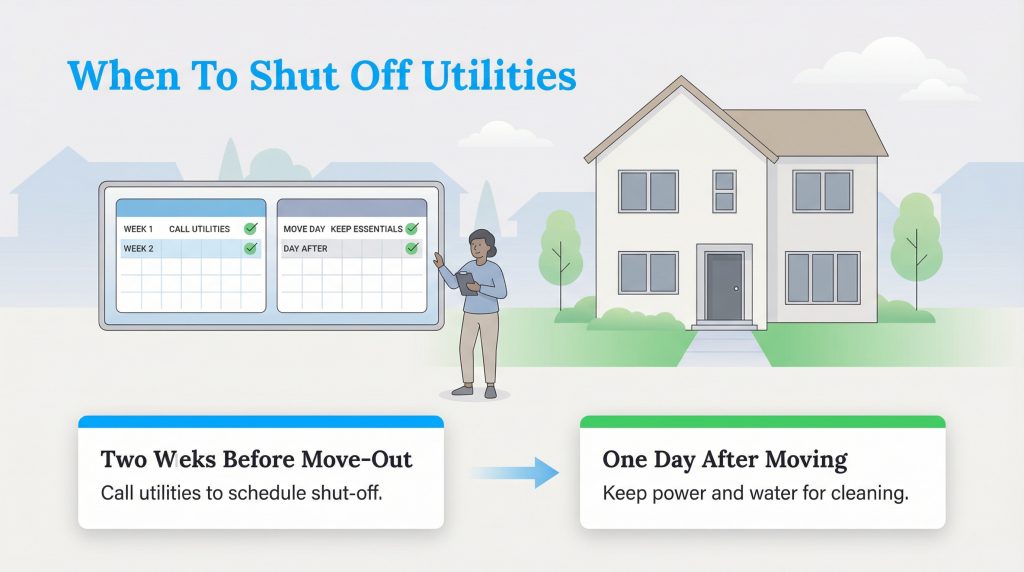 Infographic showing a timeline: call utilities two weeks before move-out, and keep utilities on for one day after moving for cleaning.