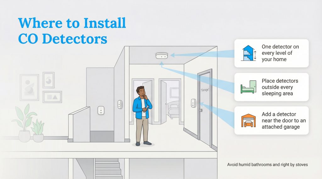Diagram showing CO detector placement: every level, outside sleeping areas, and near attached garages.
