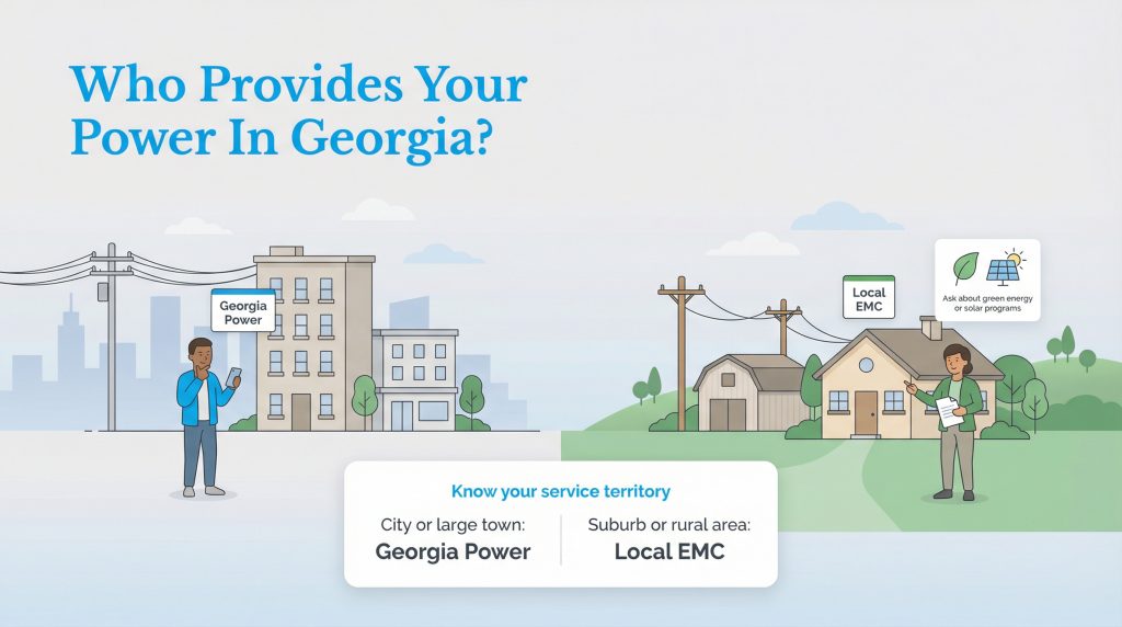 Infographic: Georgia Power serves cities, while Local EMCs serve suburban and rural areas in Georgia.