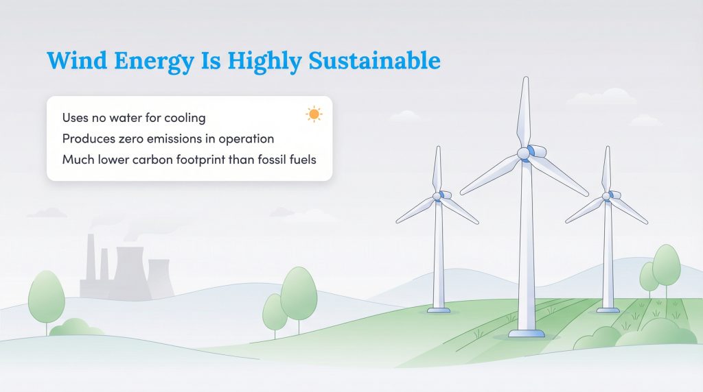 Illustration showing wind turbines and a list of their environmental benefits over fossil fuels.