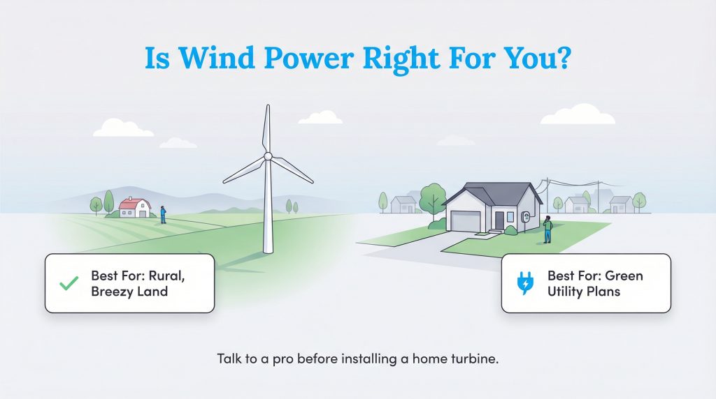 Illustration contrasting a wind turbine on rural land (Best For: Rural, Breezy Land) and a suburban home (Best For: Green Utility Plans).