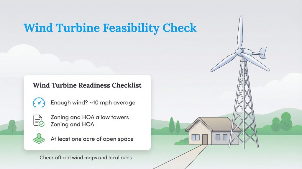 Infographic with a wind turbine by a house and a checklist for wind speed, zoning, and space.