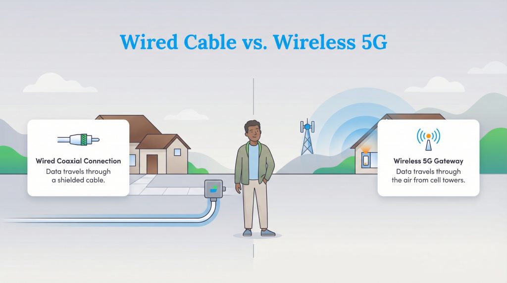 Illustration comparing wired coaxial cable internet to wireless 5G internet from a cell tower.