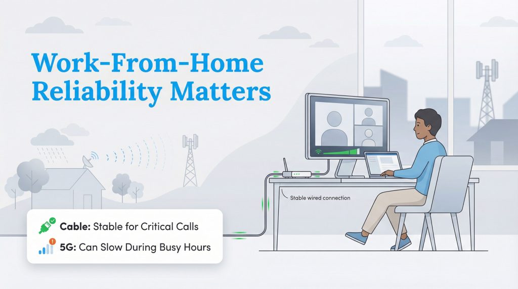 Graphic showing a wired cable connection's stability for critical calls compared to 5G.