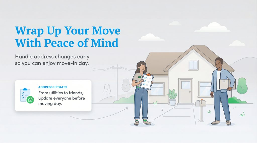 A couple stands before a new home with a checklist, next to text urging early address changes.