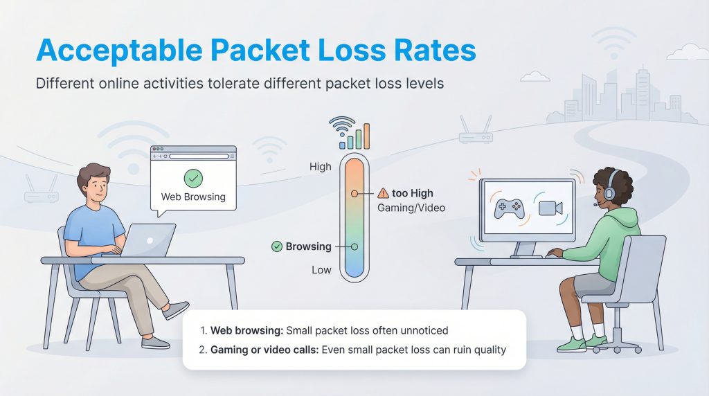 Infographic showing that web browsing tolerates low packet loss, but gaming and video calls require very low to zero packet loss.