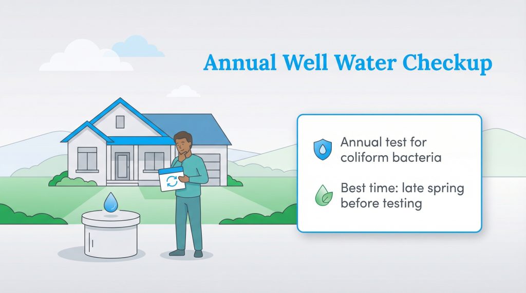 Illustration of a man by a well with text about annual well water testing for coliform bacteria.
