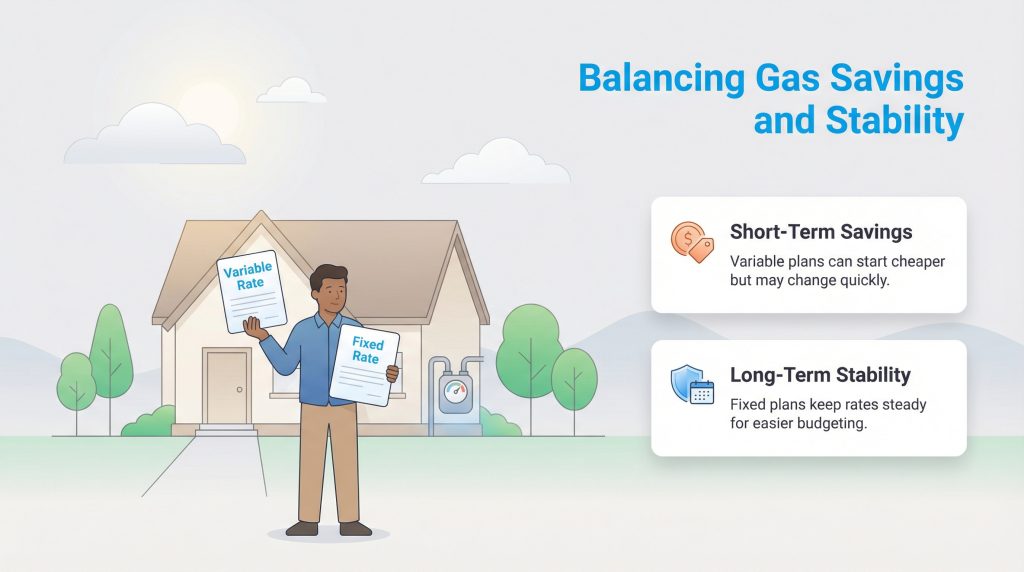 Illustration comparing variable gas rates for short-term savings with fixed rates for long-term stability.