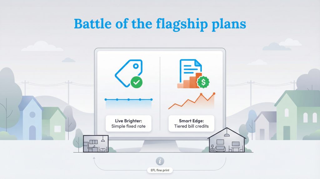 A graphic comparing 'Live Brighter' fixed-rate and 'Smart Edge' tiered-credit electricity plans.