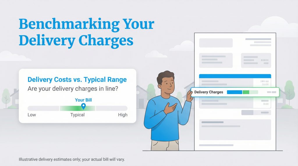 A man compares his energy bill's delivery charges to a typical range on a slider, showing his costs are typical.