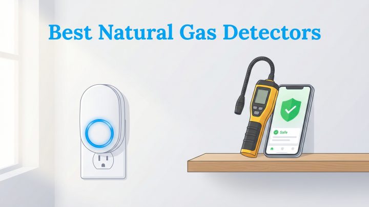 Illustration of two natural gas detectors: a smart plug-in unit and a handheld meter with a smartphone.