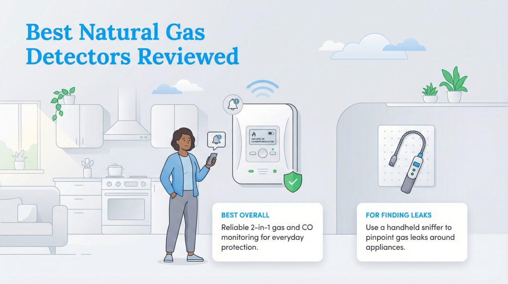 Illustration for Best Natural Gas Detectors Reviewed, showing a woman in a kitchen with a wall-mounted gas detector and a handheld sniffer device.