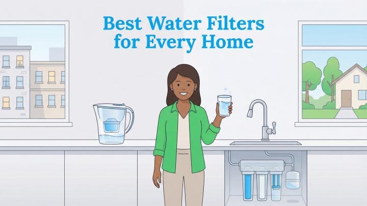 A woman smiles in a kitchen, holding a glass of water, next to a water pitcher and an under-sink water filter system.