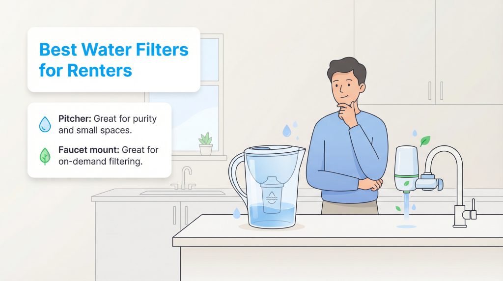Man in a kitchen comparing a pitcher water filter and a faucet mount filter for renters.