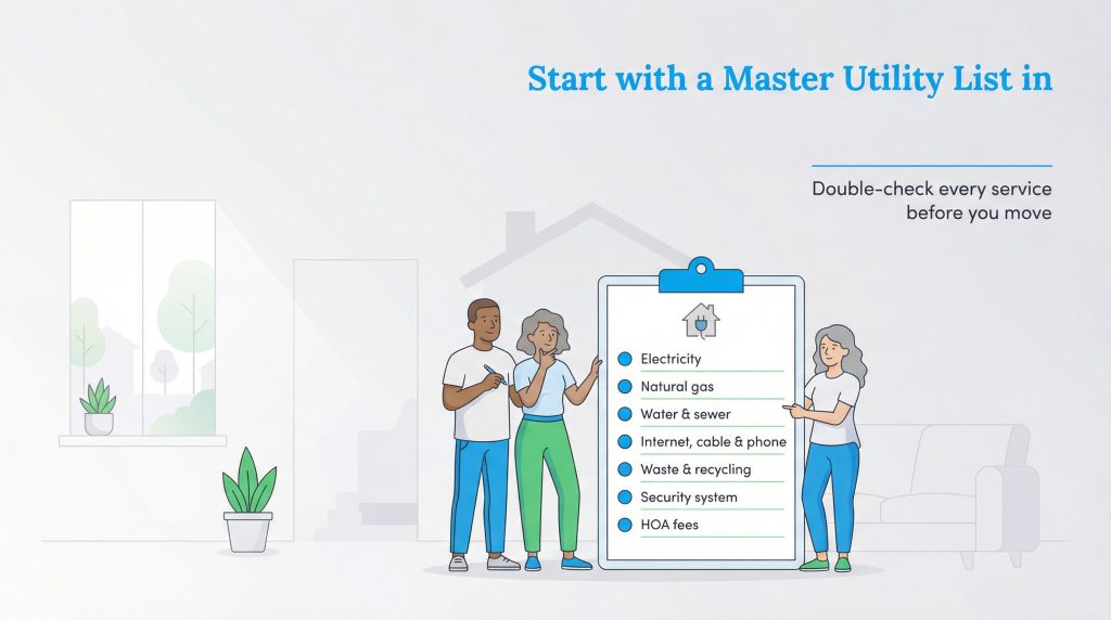 Three people stand around a large checklist with a list of utilities to cancel before moving.