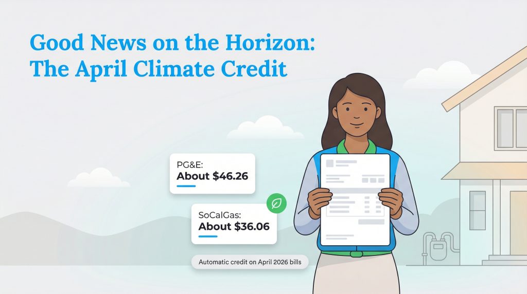 Illustration of a woman holding a bill with pop-up boxes showing PG&E and SoCalGas California Climate Credit amounts for April 2026.