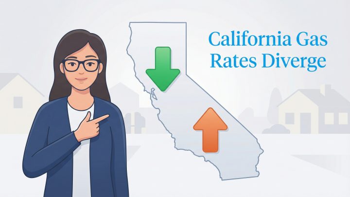 Illustration shows a woman pointing to a California map with an orange up arrow and a green down arrow, illustrating divergent gas rates.