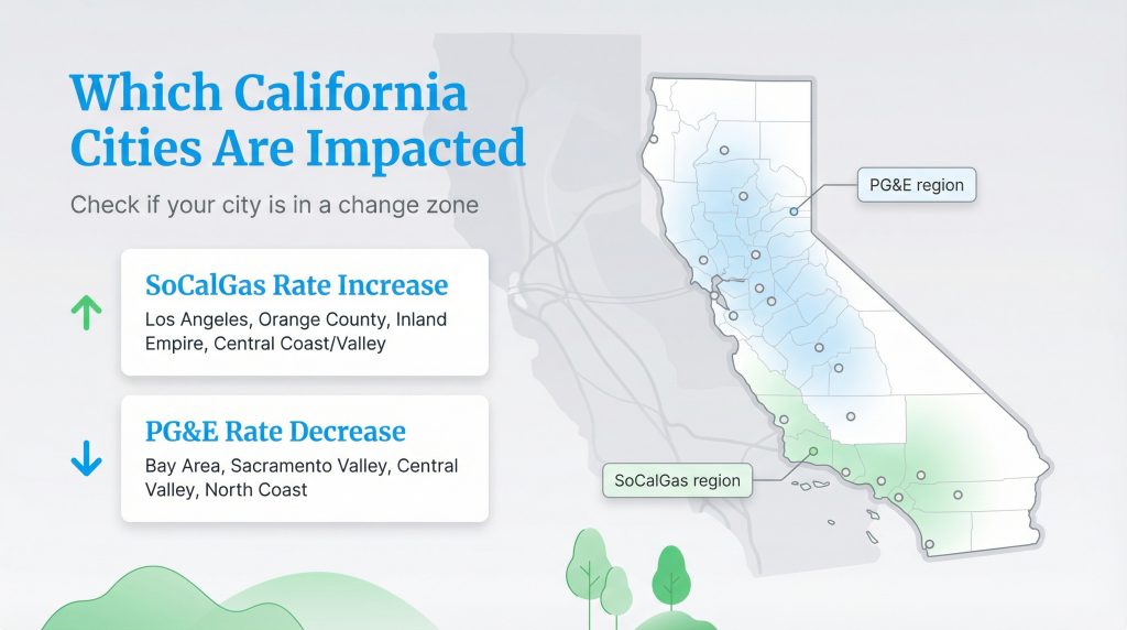 Map of California showing SoCalGas rate increases and PG&E rate decreases by region and city.