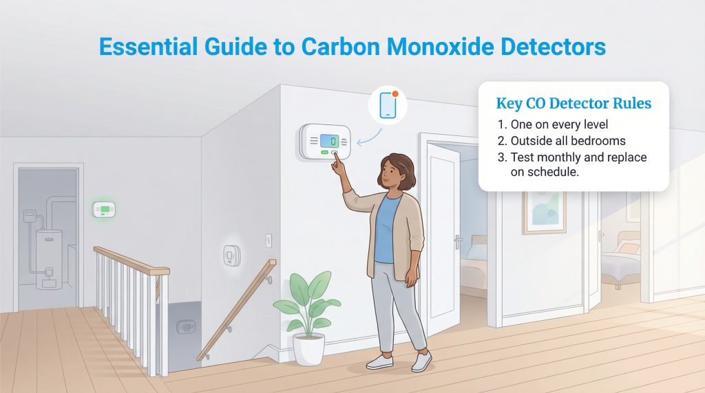 Woman testing a CO detector in a home with rules listed.