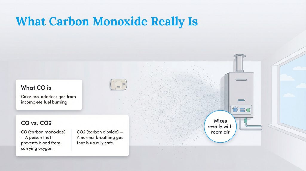 Infographic illustrating that carbon monoxide is an odorless, colorless gas from incomplete combustion that mixes with room air, contrasting it with carbon dioxide.