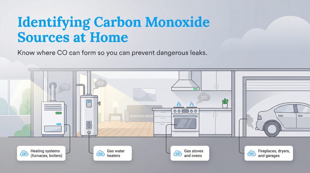 Infographic illustrating common sources of carbon monoxide gas leaks within a typical home.