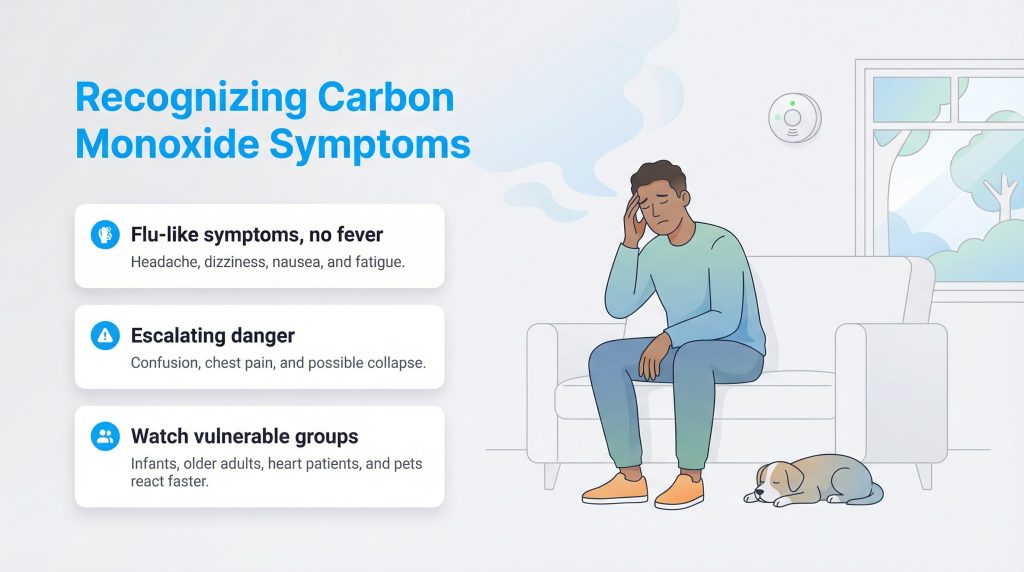 Infographic on carbon monoxide symptoms: flu-like no fever, escalating danger, vulnerable groups react faster.