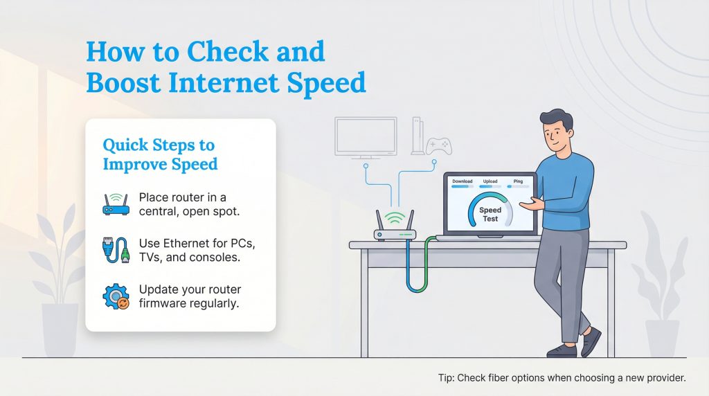Illustration of a man running a speed test and three quick steps to improve internet speed.