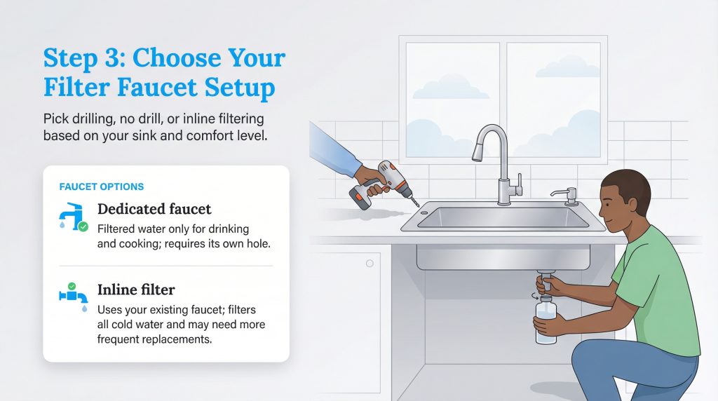 A diagram showing two men installing water filter faucets and a comparison of dedicated faucet and inline filter options.