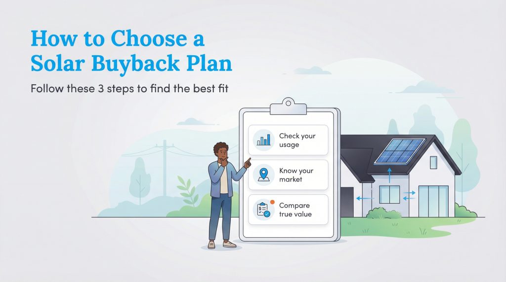 An infographic listing three steps to choose a solar buyback plan: check usage, know market, compare true value.
