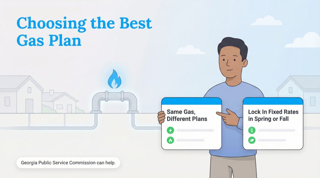 Man holds signs about choosing gas plans: 'Same Gas, Different Plans' and 'Lock In Fixed Rates in Spring or Fall'.