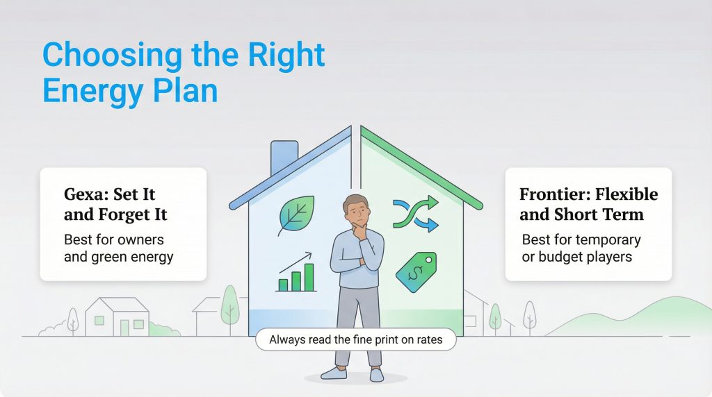 Illustration of a person comparing Gexa and Frontier energy plans for different lifestyles.