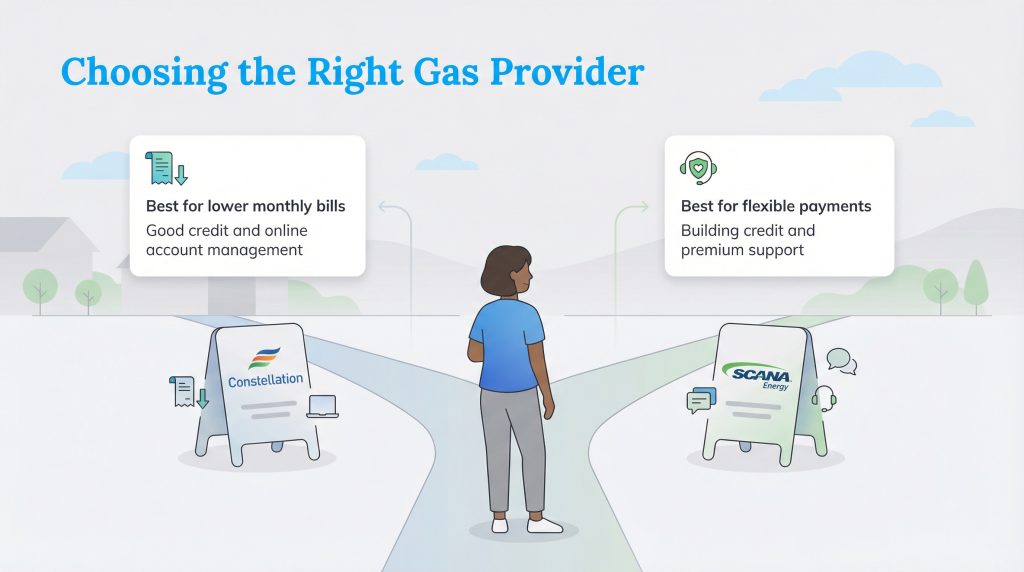 Infographic showing a person choosing between Constellation (lower bills) and SCANA Energy (flexible payments).