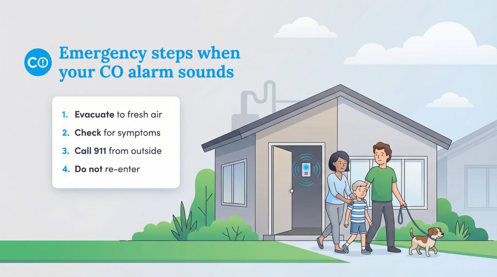 A family evacuating their home after a CO alarm sounds, with a list of emergency steps.