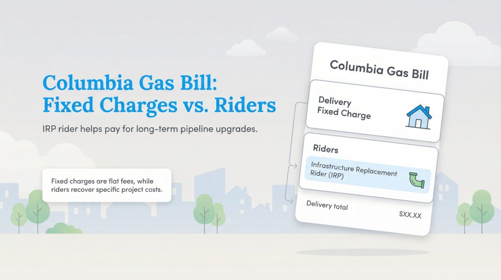 Infographic illustrates Columbia Gas bill components, showing fixed charges and riders like the IRP.