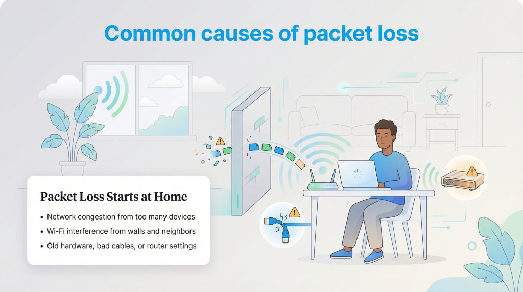 Infographic illustrating common causes of home network packet loss, such as congestion, interference, and old hardware.