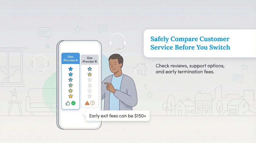 Person on phone comparing gas providers' star ratings and early termination fees.