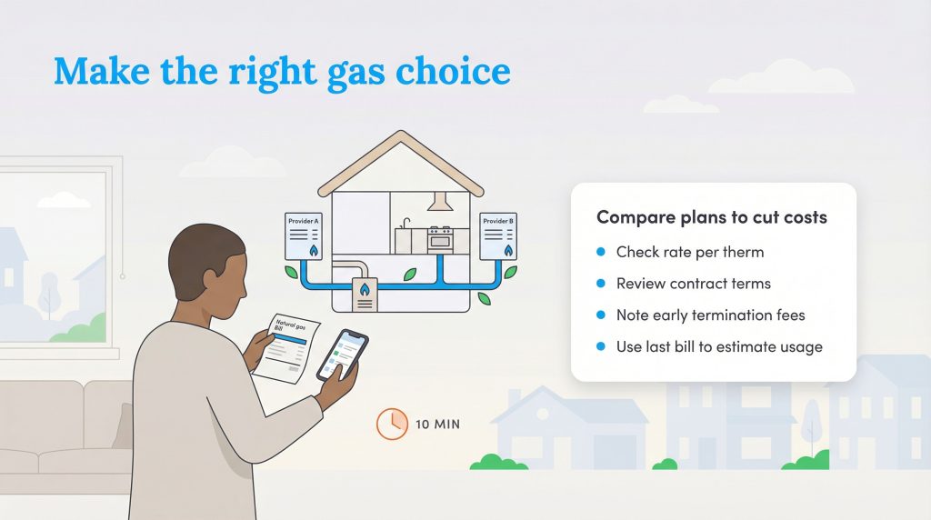 A person holding a natural gas bill and smartphone, with a checklist for comparing gas plans.