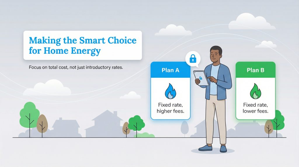 A man comparing energy plans A and B on a tablet, illustrating the advice to focus on total cost.