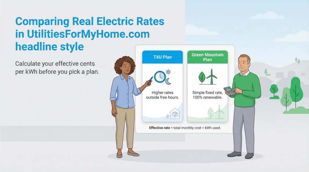 Infographic comparing TXU's time-of-use rates versus Green Mountain's simple fixed renewable rates.