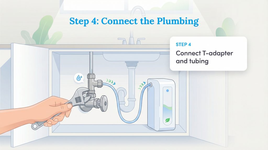 Illustration of a hand using a wrench to connect a T-adapter and tubing for an under-sink water filter installation.