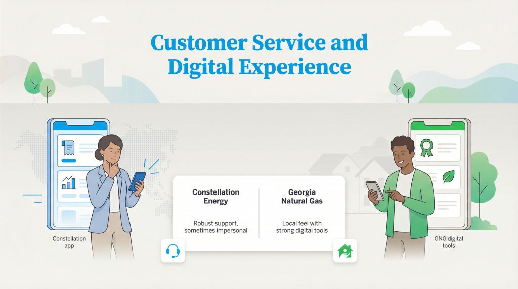 Illustration comparing Constellation Energy's robust, sometimes impersonal service with Georgia Natural Gas's local feel and strong digital tools.