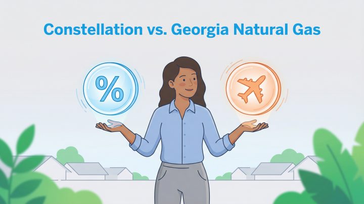 Woman compares Constellation and Georgia Natural Gas, weighing a percentage symbol and an airplane icon.