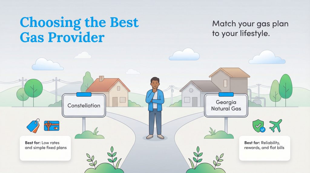 Illustration of a person at a fork in the road comparing Constellation and Georgia Natural Gas.