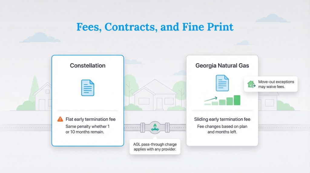 Graphic comparing Constellation's flat termination fee with Georgia Natural Gas's sliding scale fee.