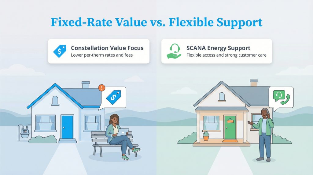 Comparison graphic showing Constellation's lower rates versus SCANA Energy's flexible support.