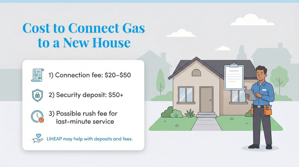 Infographic showing connection fees, security deposits, and rush fees for connecting gas to a new house.