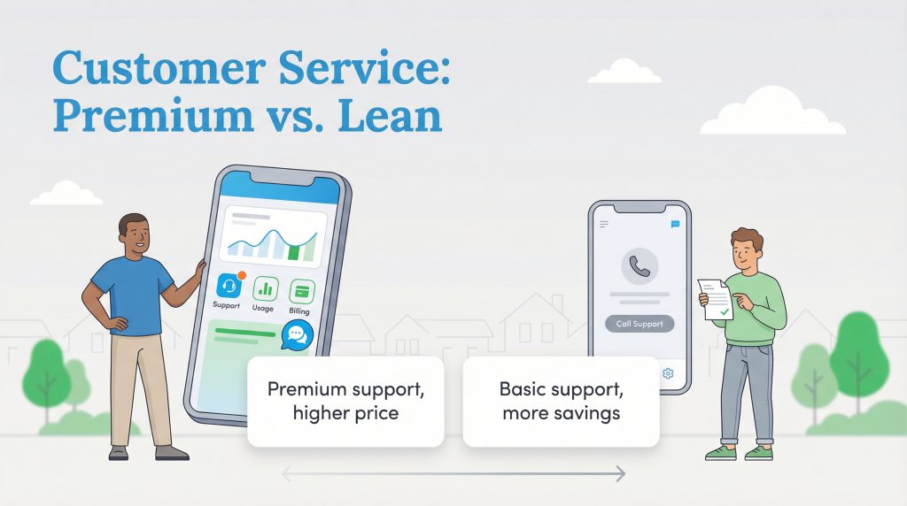 A comparison illustration of "Premium vs. Lean" customer service models, showing two men with smartphones and corresponding text boxes.